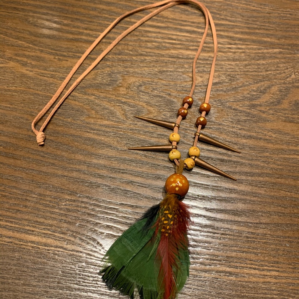 Golden Feather Spiked Necklace 20" ONE OF A KIND HANDMADE NWOT